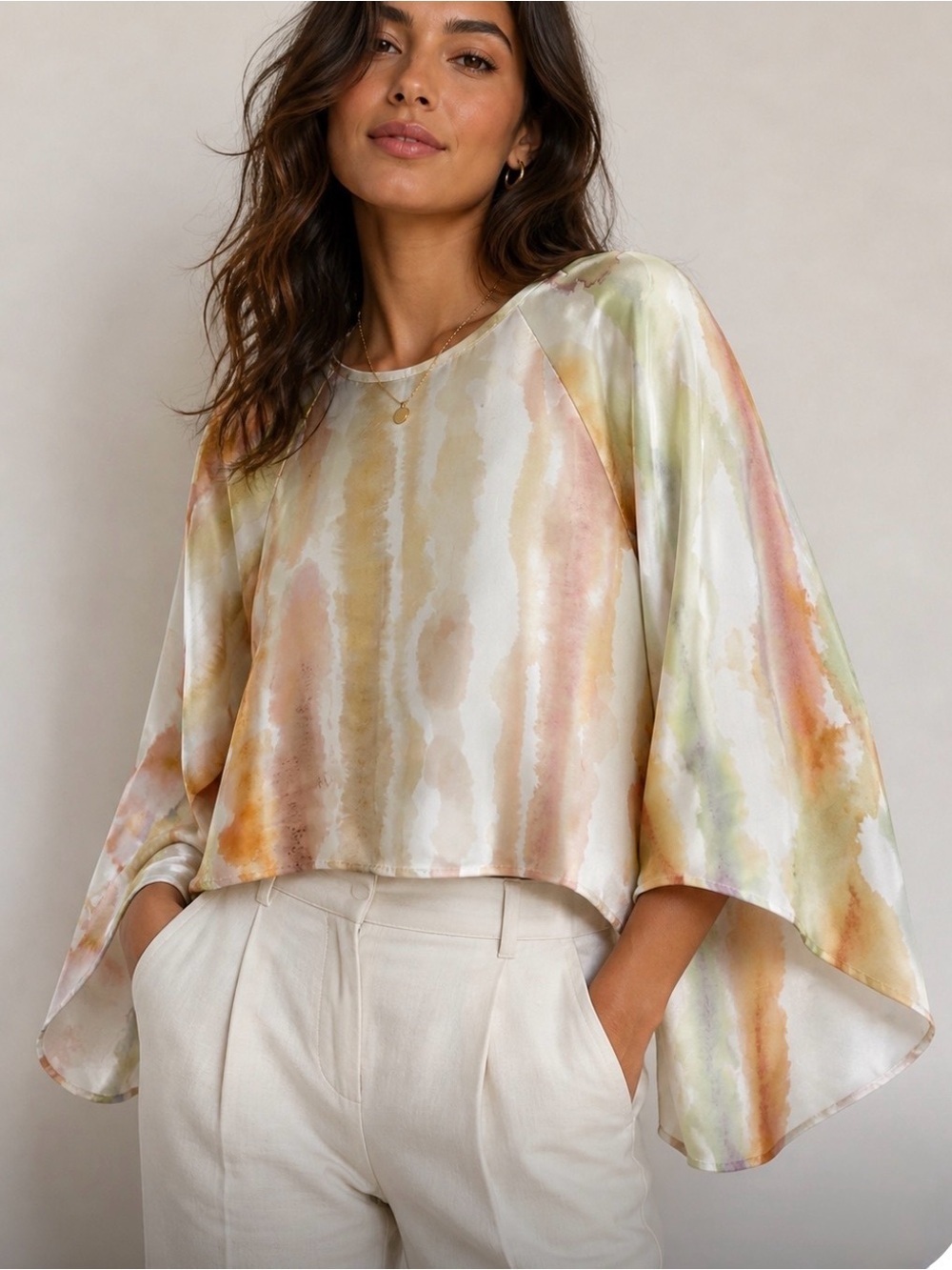 H&M Pastel Watercolor Satin Cropped Blouse Flare Sleeve Shirt Top Size Medium